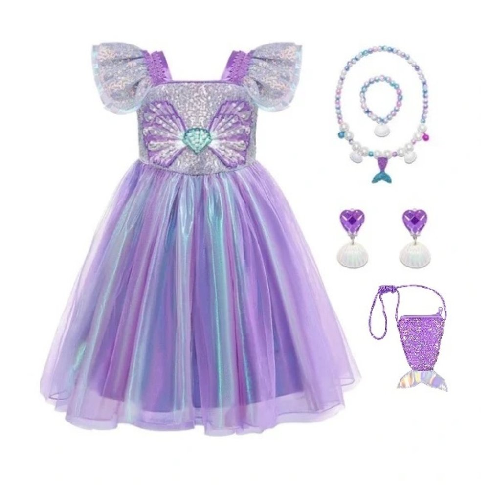 Little Mermaid Inspired Girls Sparkly Purple Dress Costume Set [4-5]